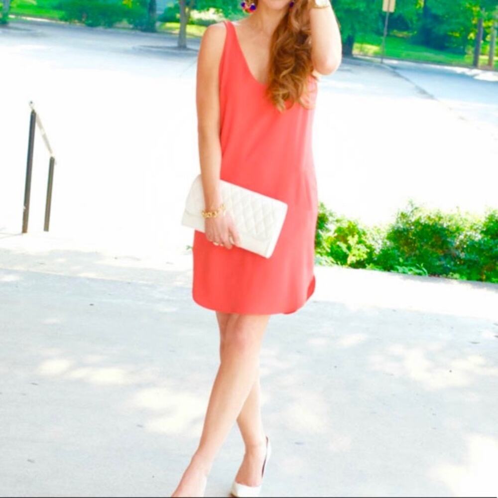 WAYF orange crepe shift dress in medium, pockets, V-neck, adjustable straps